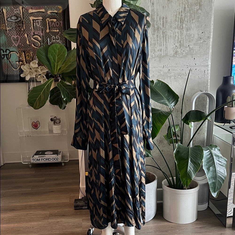 Marina Rinaldi Teal and Tan Chevron Long-Sleeve Shirt Dress